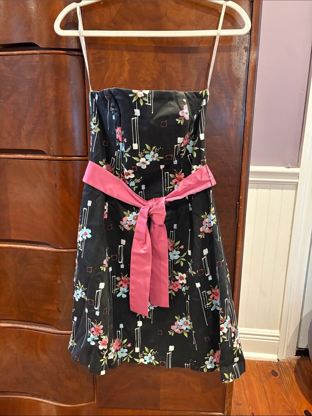 Robin Jordan Black Floral Strapless Dress with Pink Sash